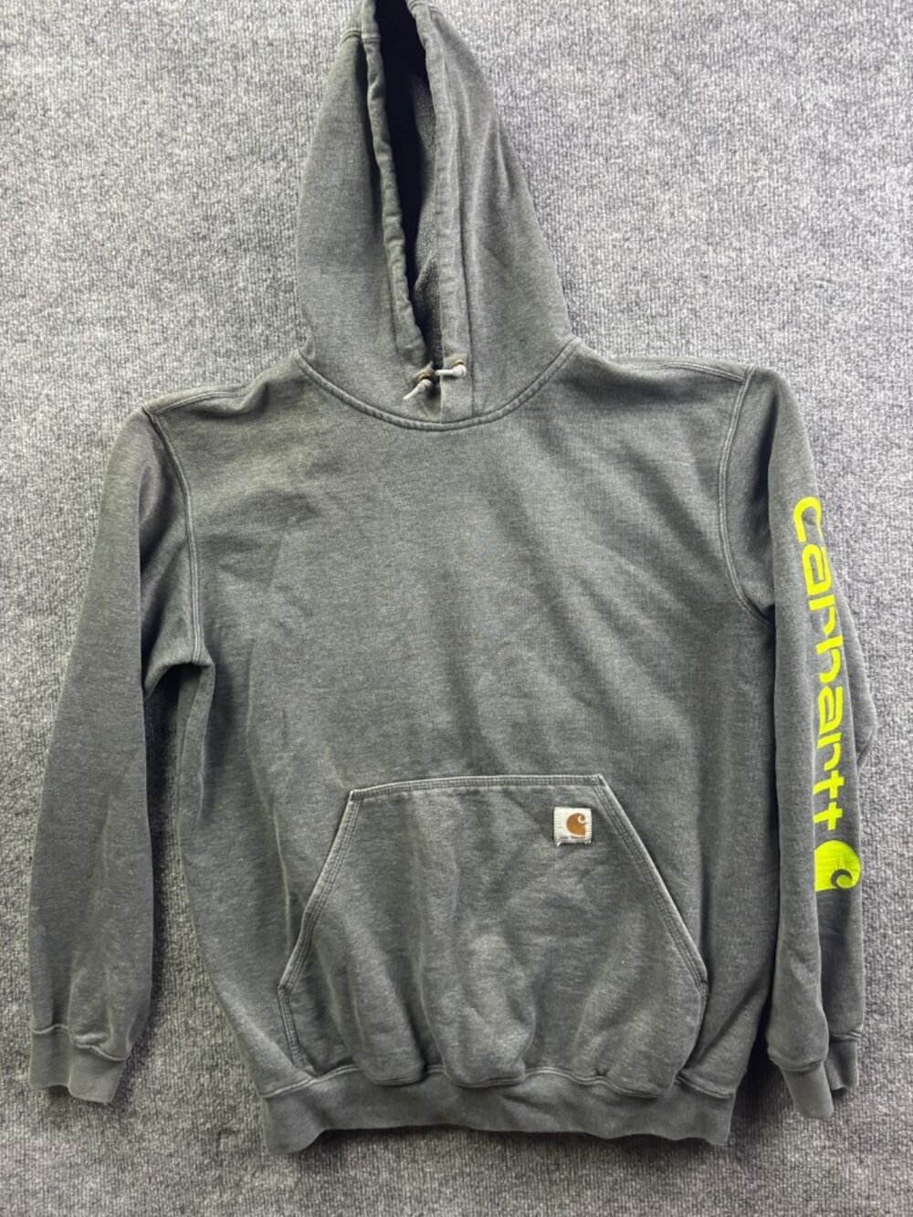 Carhartt Hoodie Mens Medium Gray Pullover Fleece Sweatshirt Logo Sleeve K288